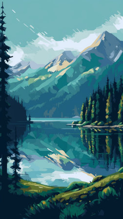 Mountain lake in the forest. Mountain lake landscape. Vector illustration.の素材
