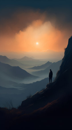 Man standing on top of a mountain and looking at the sunrise.の素材