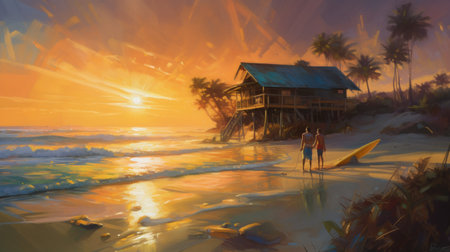 Digital painting of a couple on the beach at sunset with a hut in the backgroundの素材