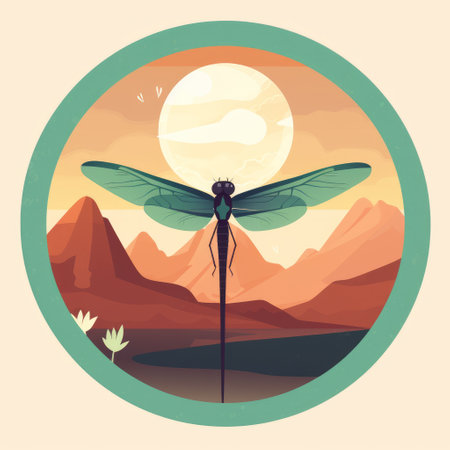 Dragonfly on a background of mountains. Vector illustration in flat style.の素材