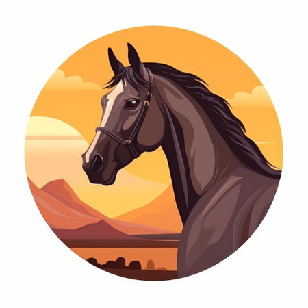 an image of a horse in a front profile on a mountain with a desert background in a sticker design with flat elements., ai generatedの素材