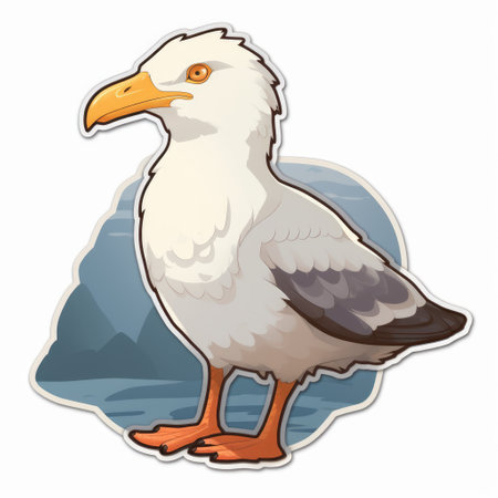 this image prompt features a flat border sticker with no background and a clear edge, boasting high resolution and high contrast. the design uses a flashy color palette and cel shading technique to evoke an anime-style feel. it includes a herring gull as the main subject, with a cute and polygonic aesthetic., ai generatedの素材
