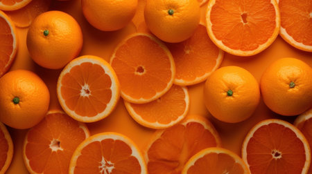 Oranges on orange background. Citrus fruit background. Top view.の素材
