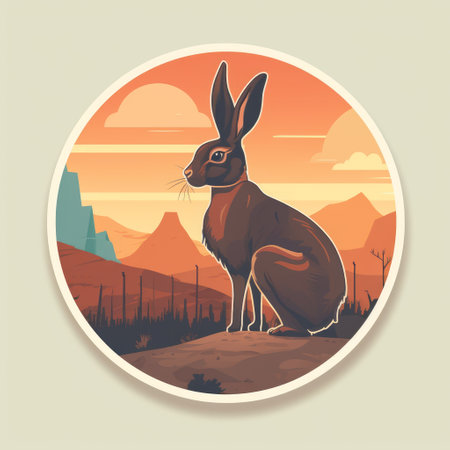 a flat design sticker featuring a front profile view of a hare on a mountain with a desert background., ai generatedの素材