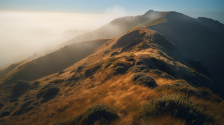 Panorama of a mountain range in the morning fog. Ukraine, Carpathiansの素材