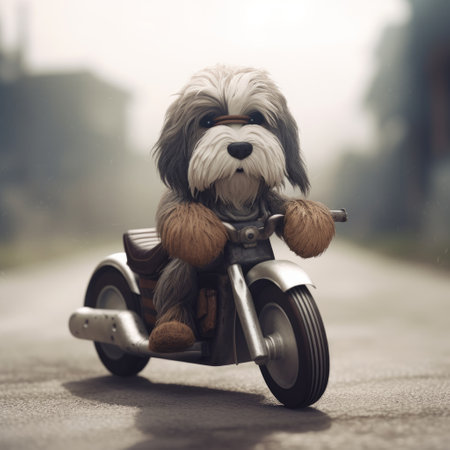 an adorable tibetan terrier character riding a motorcycle with a creative and unique design, inspired by jon klassen's style. the image is created using 3d modeling and rendered with octane, incorporating ip design elements., ai generatedの素材