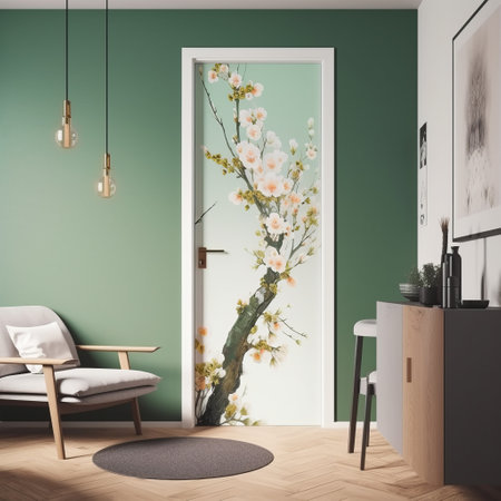 Interior of modern living room with green walls, wooden floor, white sofa, coffee table and flowers on the wall. 3d renderingの素材