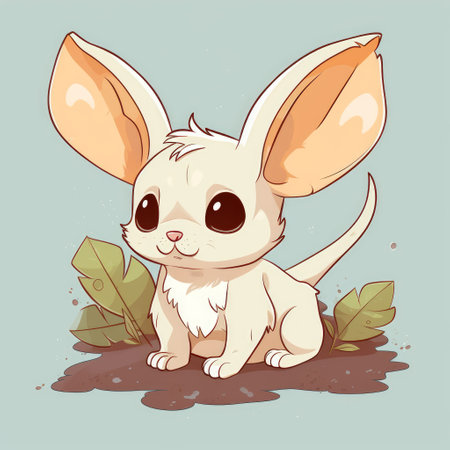 Cute little rabbit sitting on the ground with leaves. Vector illustration.の素材