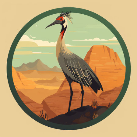 Crowned crane in the desert. Vector illustration in retro style.の素材