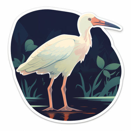 a text to image prompt for a flat border sticker with a hadada ibis in cute anime style. the design should have no background with a clear edge and be high resolution with high contrast. the color palette should be flashy with cel shading and polygonic elements., ai generatedの素材