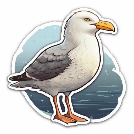 this is a flat border sticker design with a clear edge, no background, and high resolution. the image has a high contrast with a flashy color palette and features cel-shading. the design is in an anime style and features a cute herring gull. the polygonic design adds to the uniqueness of the sticker., ai generatedの素材