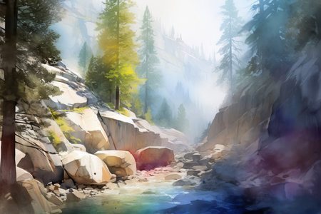 Digital painting of a mountain stream in the forest with trees and rocksの素材
