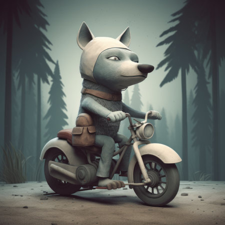 a creative representation of a cute wolf riding a motorcycle, done in the unique style of jon klassen. the image is brought to life with 3d modeling and rendered with octane rendering. the intricate details of the design make it perfect for an ip design., ai generatedの素材