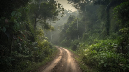 a text-to-image prompt describing a mysterious highway in the heart of the jungle., ai generatedの素材