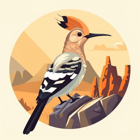 a flat design sticker featuring the front profile of a hoopoe bird against a desert background., ai generatedの素材