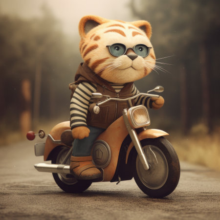 a creative and unique design of a cute tigon, a cross between a tiger and a lion, riding a motorcycle in the style of popular children's book illustrator jon klassen. the design is rendered in 3d using octane rendering technology, making the image visually stunning and unforgettable. the design is also ideal for intellectual property (ip) purposes., ai generatedの素材