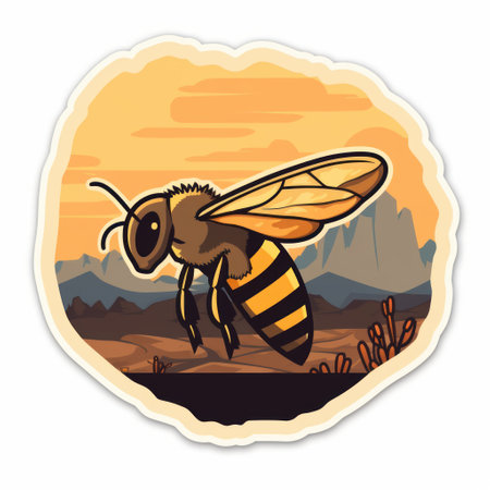 a flat designed sticker featuring a front profile of a honey bee on a mountain with a desert background., ai generatedの素材