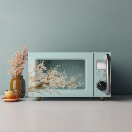 a design for a microwave with simple and clean lines, featuring a spring theme with soft pastel colors and floral accents., ai generatedの素材