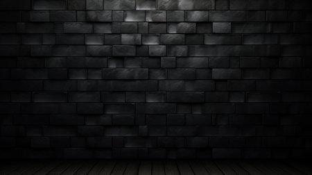 Black brick wall and wooden floor background. 3D illustration. Mock up.の素材