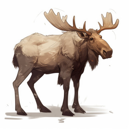 a hand-drawn image of a brown eurasian moose with textured fur set against a white background. the style is kept simple to highlight the beauty of the animal., ai generatedの素材