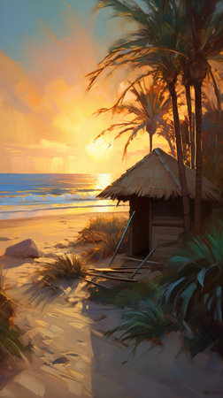 an art piece featuring erin hanson & donato giancola & nicolas de stael's perspective of a sunset at coastal sand dunes with a thatched hut, surfboards, palm trees, beach, waves, whitewater, surfers, ocean, clouds, hyperdetailed, cinematic lighting, long shadows, and saturated contrast., ai generatedの素材