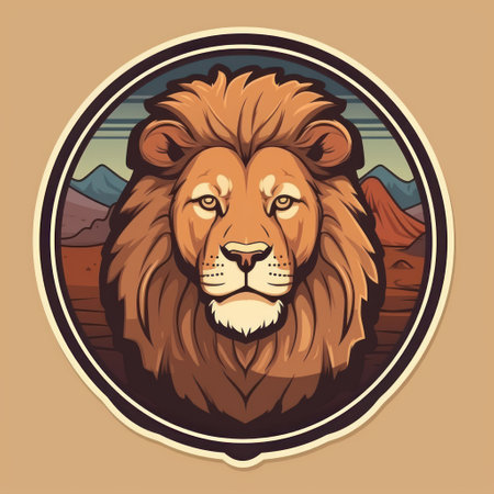 a sticker design featuring a lion in front profile on a mountain with a flat design on a desert background., ai generatedの素材