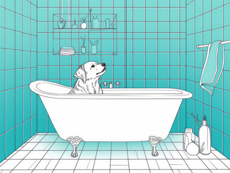 a monochromatic turquoise-tiled bathtub is the background for a one-line fineliner drawing of a sleeping dog curled up in the water., ai generatedの素材