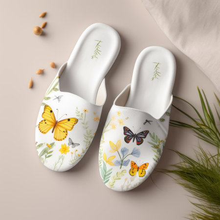 Pair of white slippers with floral pattern on beige backgroundの素材