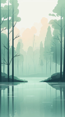 Forest lake landscape with fog and trees. Vector illustration. EPS10の素材
