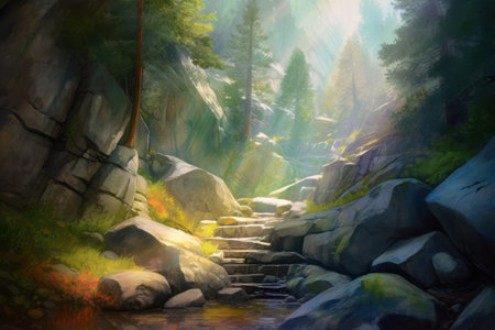 Digital painting of a mountain stream in Yosemite National Park, California, USAの素材