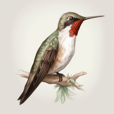 Illustration of a hummingbird with a red heart on a branchの素材