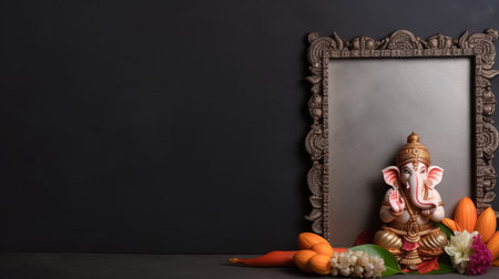 a photo mockup featuring a detailed ganesh chaturthi frame in the corners, on a simple background with copy space. it's perfect for flat lays or showcasing your designs., ai generatedの素材
