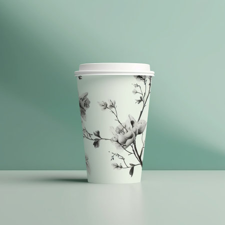 White paper cup with floral pattern on green background. 3D renderingの素材