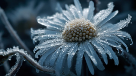this stunning high-resolution photo captures the intricate details of frost crystals forming on the delicate petals of a daisy. the macro shot reveals the beauty of nature in extreme close-up. every tiny crystal and delicate petal is perfectly in focus, making for a breathtaking composition., ai generatedの素材