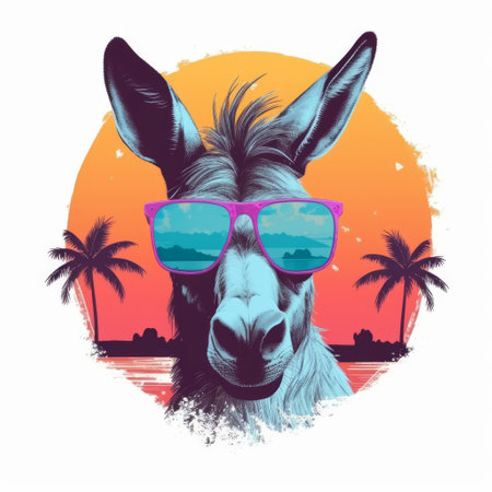 this hand-drawn illustration features a donkey wearing sunglasses against the backdrop of a beautiful sunset. the minimalist style with retro vibes, a solid white background and tropical colors add a japanese-inspired design touch to the pop art style. the donkey's silhouette adds to the funny pun or phrase that this design can convey. ai generatedの素材