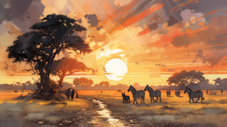 African savannah with zebras at sunset. Digital painting.の素材
