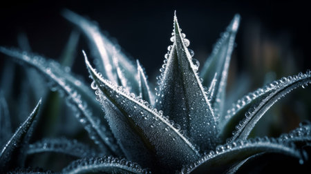 observe the breathtaking beauty of a delicate snake plant as it becomes adorned with intricate frost crystals. this high-resolution macro shot showcases the intricate details of the crystal formation., ai generatedの素材