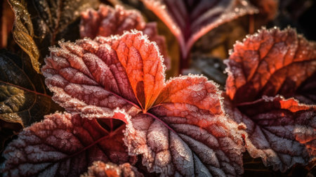 Red leaves of a plant covered with hoarfrost in autumn.の素材