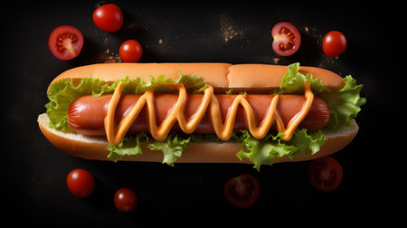 indulge in a delectable luxury hot dog made by the most famous chef in the world using only the finest, high-quality ingredients. satisfy your cravings with every bite while admiring the intricate details of this culinary masterpiece. the professionally taken photograph showcasing the hot dog from above emphasizes its perfect symmetry and sharpness, capturing every little detail for a lifelike and hyper-realistic image. shot inの素材