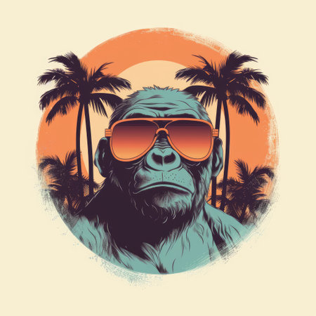 this hand-drawn illustration of a gorilla wearing sunglasses in front of a sunset is the epitome of retro vibes. the minimalist style, tropical colors, and japanese-inspired design create a unique piece of pop art. the silhouette of the gorilla against a solid white background adds to the overall impact. to top it off, a funny pun or phrase could be added to make this artworkの素材