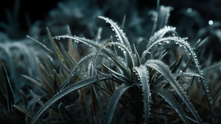 this stunning image captures the intricate details of delicate frost crystals forming on the surface of a spider plant. the high resolution macro shot showcases the beauty and fragility of nature., ai generatedの素材