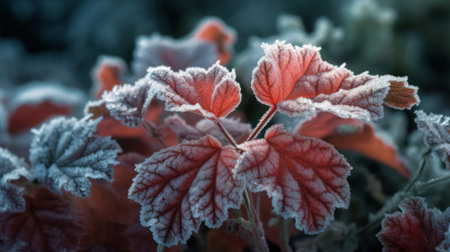Red leaves covered with hoarfrost in winter. Close-up.の素材