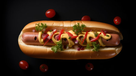 Hot dog with ketchup, mustard and parsley on black backgroundの素材