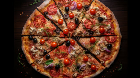 Top view of pizza with tomatoes, olives and mushrooms on wooden tableの素材
