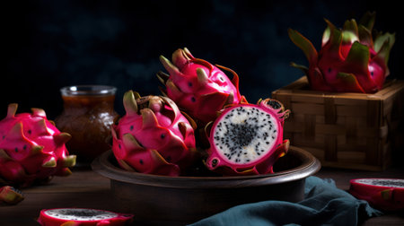 Dragon fruit on wooden background. Pitahaya or pitaya.の素材