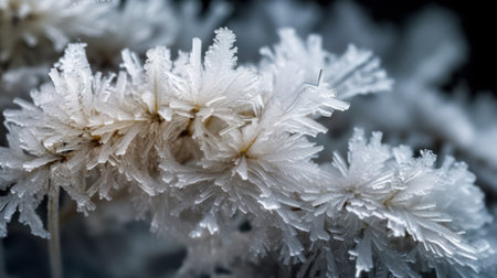 experience the intricate beauty of frost crystals forming on a jasmine plant in stunning high resolution with this macro shot. the fragile nature of the flower only adds to the breathtaking imagery captured., ai generatedの素材