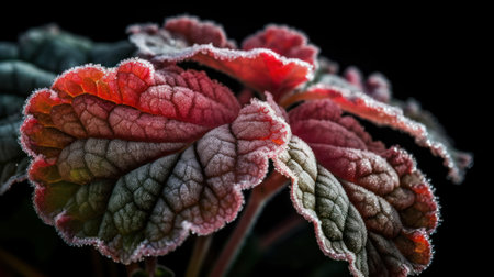 Red leaves of begonia in hoarfrost on a black backgroundの素材