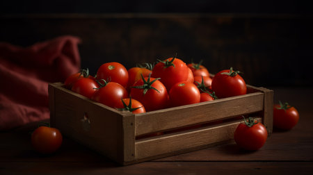 Ripe red tomatoes in a wooden box on a dark wooden backgroundの素材