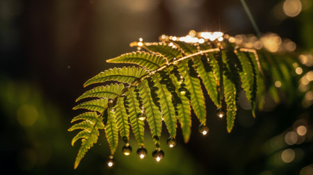 Fern leaf with dew drops in the morning. Natural background.の素材
