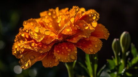 the vibrant colors of a marigold flower come to life as it basks in the sunlight. with a single droplet of water resting on its petals, the flower appears as though it's sparkling. the marigold is a symbol of joy and optimism, and it's no wonder why with its stunning beauty., ai generatedの素材
